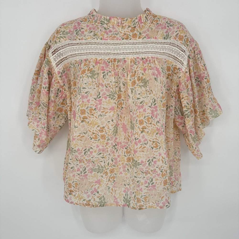 Olivaceous‎ Sz S Cottagecore Ruffle Sleeve Crochet Trim Floral Top Boho Romantic